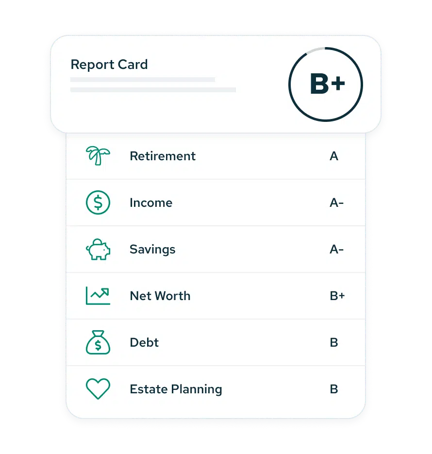 Sample Savology financial report card showing grades for retirement, income, savings, net worth, debt, and estate planning